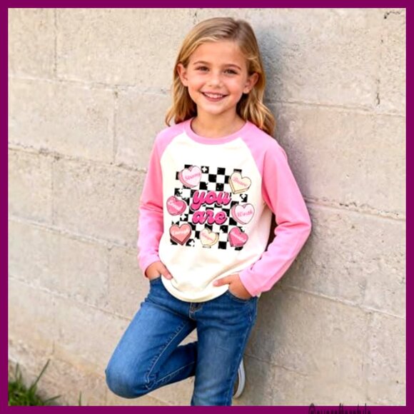 Girls Valentine Raglan Long Sleeve Tee Cotton Sweet Heart Print 4-13T - Picture 3 of 5